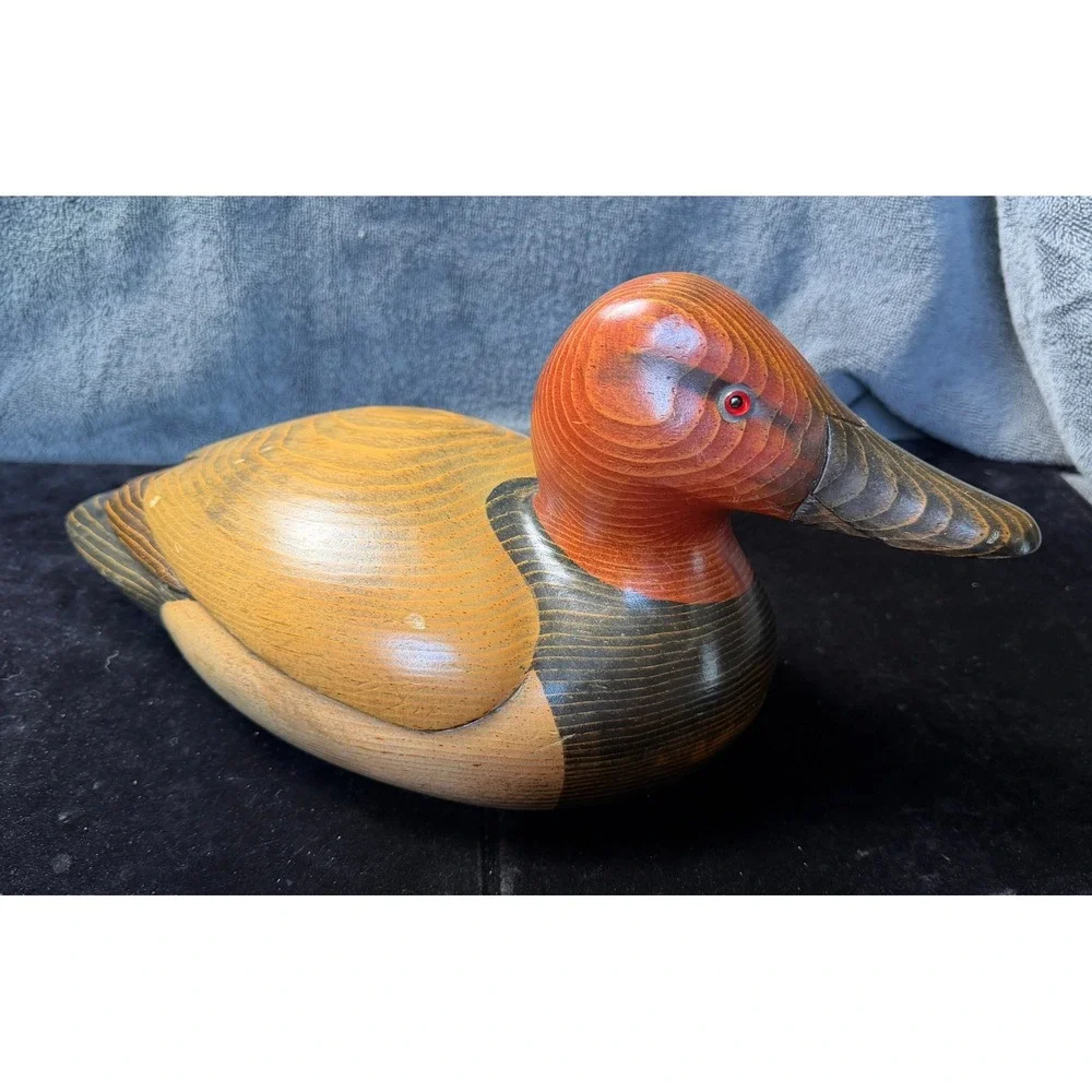 John Bass Signed Hand Carved Wooden Redhead Duck Decoy Figurine 12.5 Inch